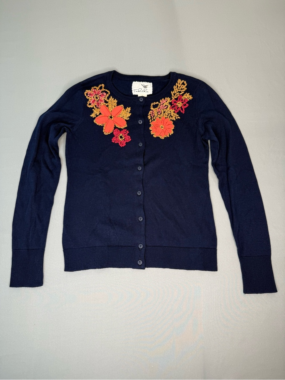 Anthropologie Tabitha Navy Embroidered Floral Crewneck Cardigan Size S Cotton